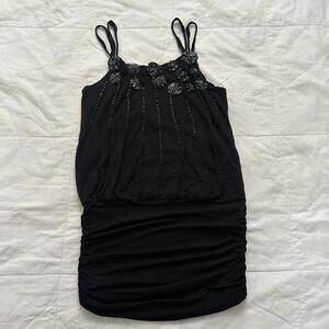 Y2K Black beaded floral appliqué sleeveless mini dress with fitted ruched bottom